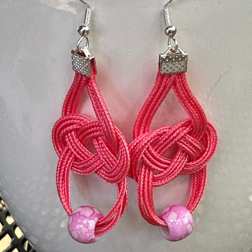HandMade Solid Pink with tie dye bead Boho Earrings NEW